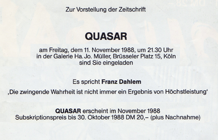 QUASAR, Künstlerzeitschrift, Hilka Nordhausen, Galerie Ha.Jo.Müller, Köln, 1988